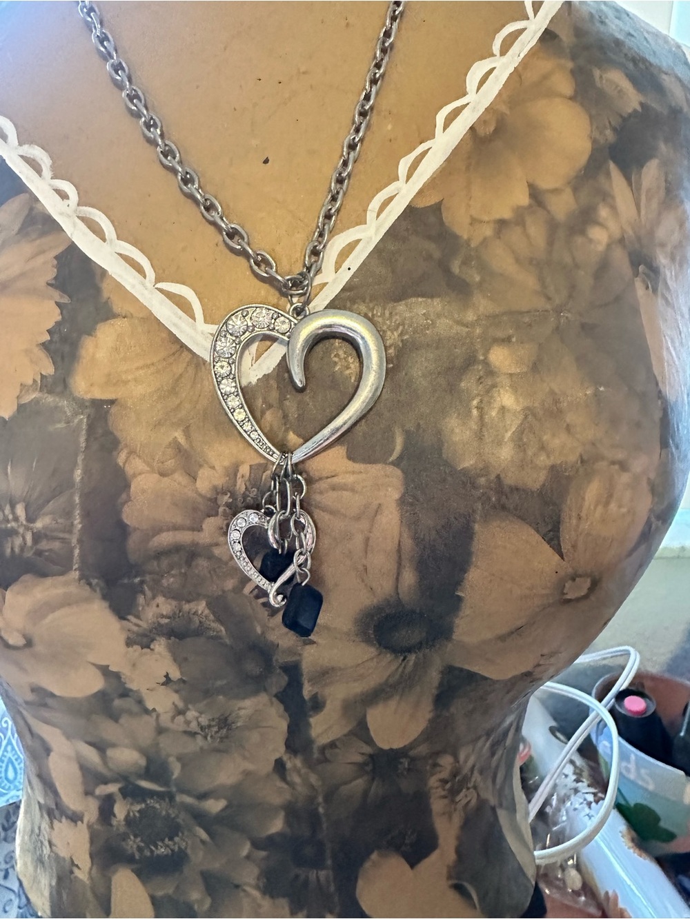 Layered Silver Heart Pendant Necklace with Crystal Accents - Women's Jewelry